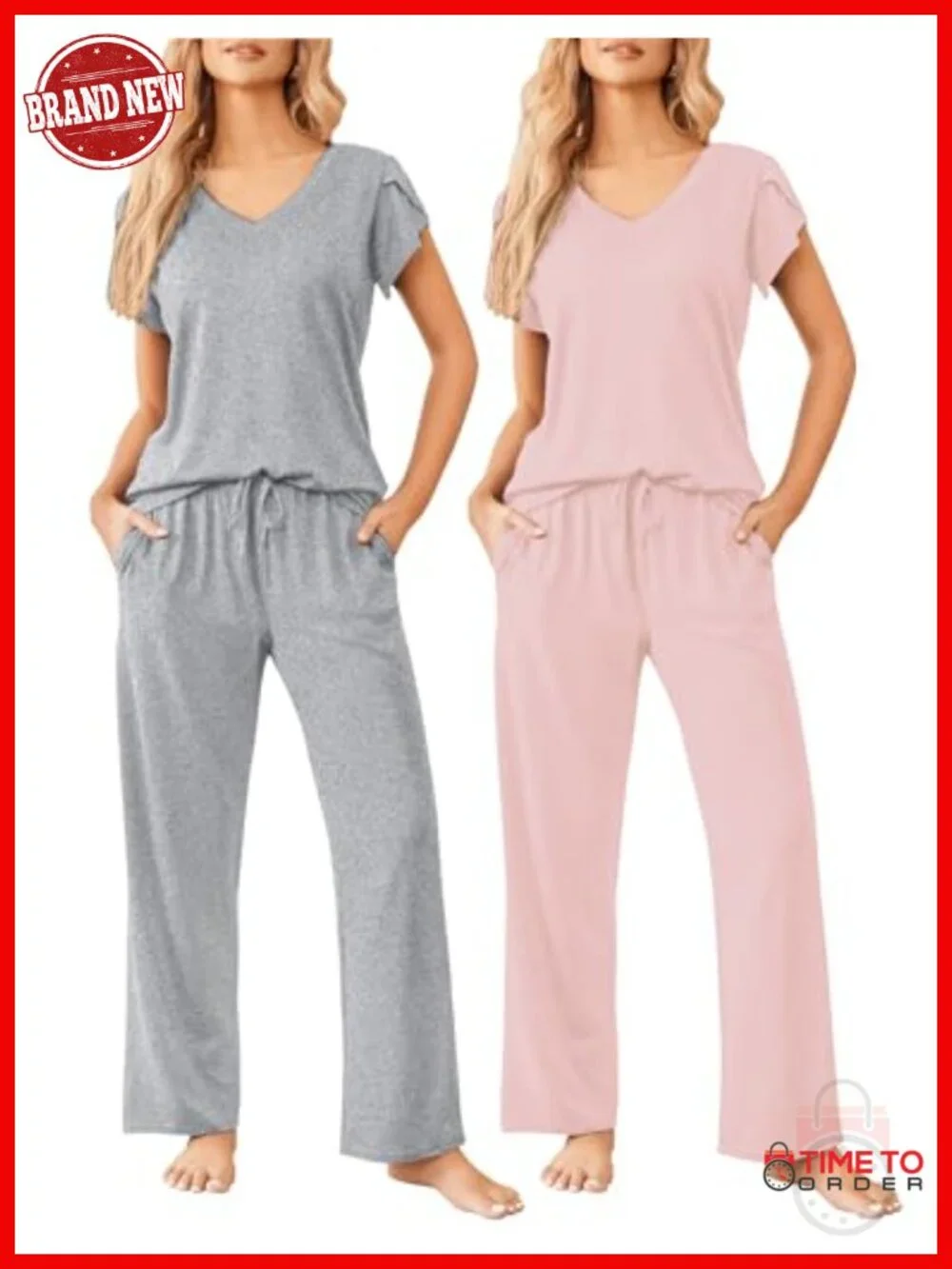 2-Pack Womens Sleepwear Set Short Sleeve Pajama Top & Pants Lounge Set